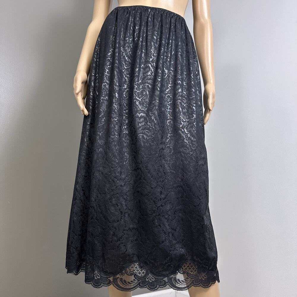 Vintage Black Half Slip XL Lace Trim Midi Slip Skirt Jacquard Satin Ilusion